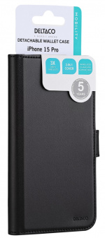 DELTACO Lommebokveske, 2-i-1, iPhone 15 Pro, magnetisk deksel, svart