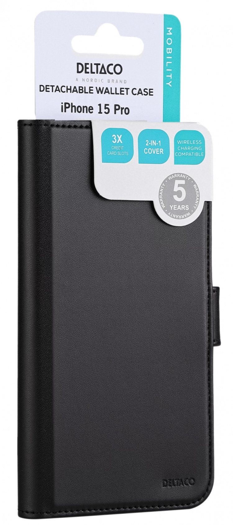 DELTACO Lommebokveske, 2-i-1, iPhone 15 Pro, magnetisk deksel, svart