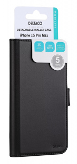 DELTACO Lommebokveske, 2-i-1, iPhone 15 Pro Max, magnetisk deksel, svart