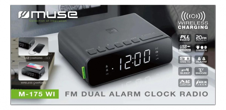 Muse M-175 WI Clock radio FM trådløs lading