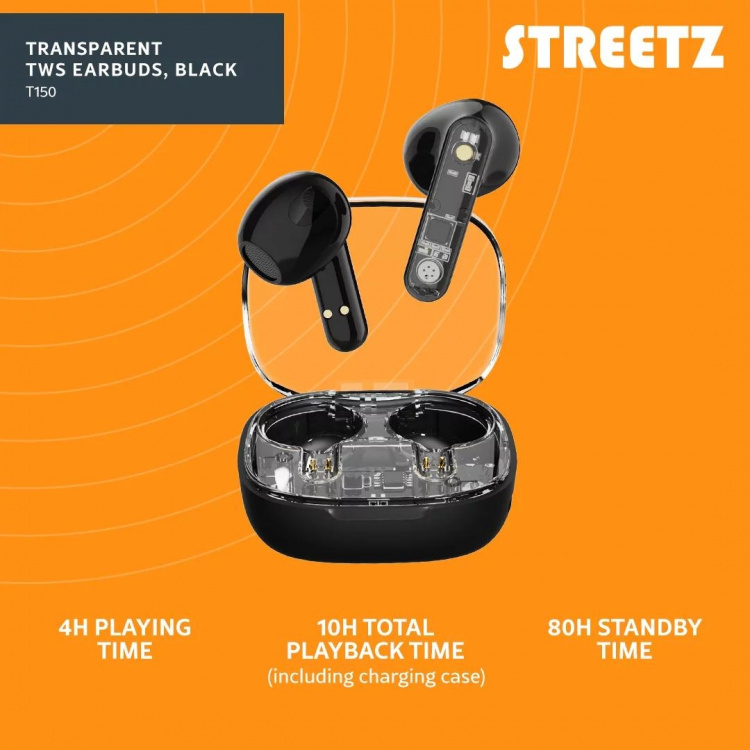 Streetz T150 TWS-øretelefoner, gjennomsiktig, svart Streetz T150 TWS-øretelefoner, gjennomsiktig, svart