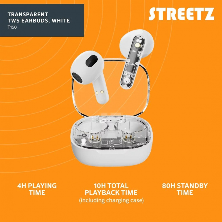 Streetz T150 TWS-øretelefoner, gjennomsiktig hvit Streetz T150 TWS-øretelefoner, gjennomsiktig hvit