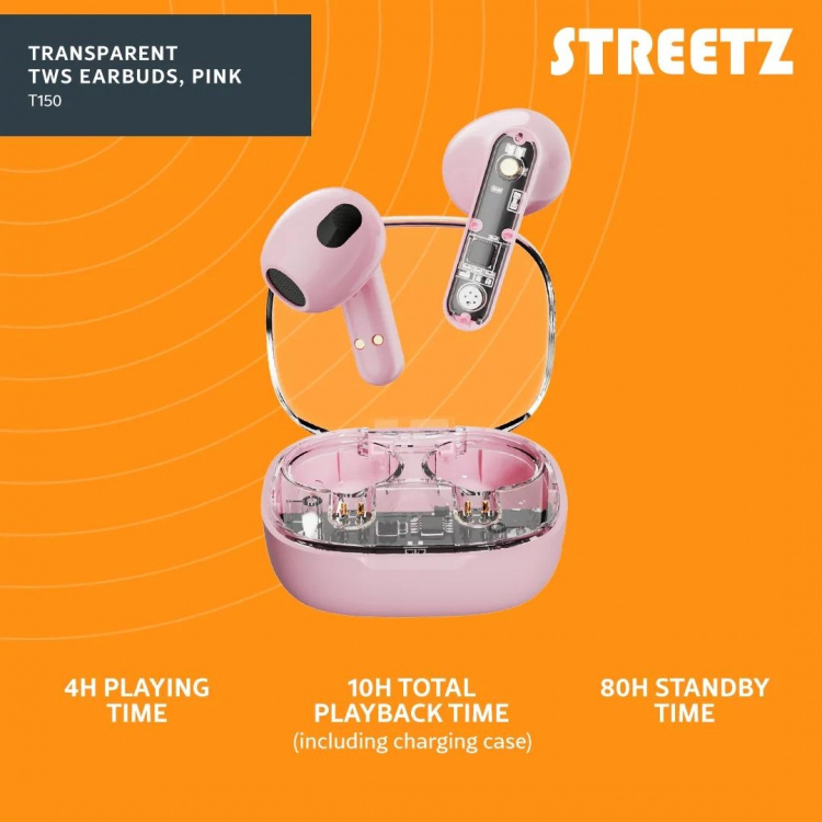 Streetz T150 TWS-øretelefoner, gjennomsiktig rosa Streetz T150 TWS-øretelefoner, gjennomsiktig rosa