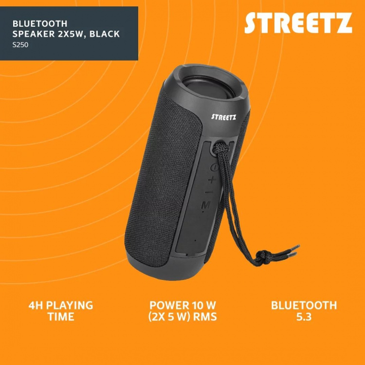 Streetz S250 Bluetooth-høyttaler 2x5W, AUX, micro SD-spor, svart Streetz S250 Bluetooth-høyttaler 2x5W, AUX, micro SD-spor, svart