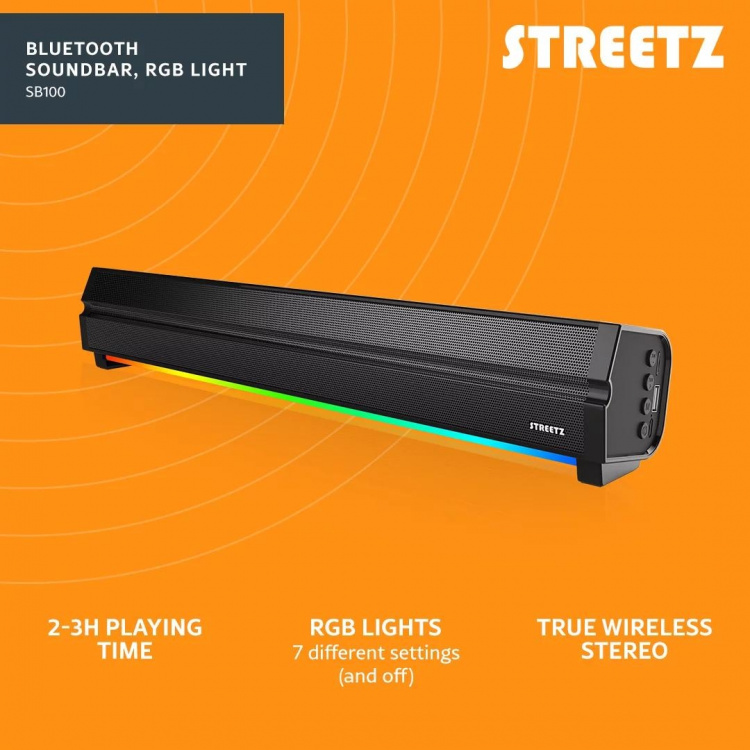 Streetz SB100 Bluetooth-lydplanke, RGB-lys, micro SD-spor Streetz SB100 Bluetooth-lydplanke, RGB-lys, micro SD-spor