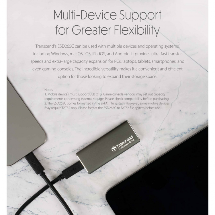 Transcend Bærbar SSD ESD256C USB-C 2 TB 10 Gbps (R1050/W950 Mb/s) i aluminium Transcend Bærbar SSD ESD256C USB-C 2 TB 10 Gbps (R1050/W950 Mb/s) i aluminium