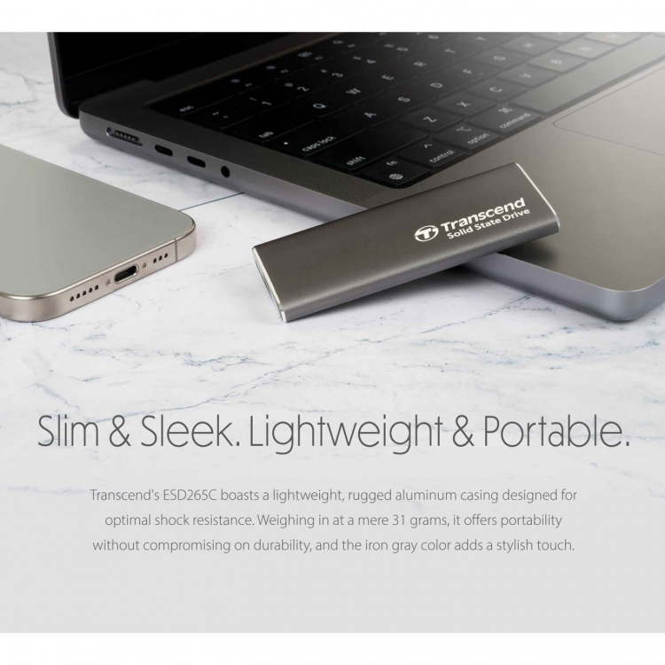 Transcend Bærbar SSD ESD256C USB-C 2 TB 10 Gbps (R1050/W950 Mb/s) i aluminium Transcend Bærbar SSD ESD256C USB-C 2 TB 10 Gbps (R1050/W950 Mb/s) i aluminium