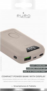 Puro Power Bank 10 000 mAh Display USB-A+USB-C 15W, Rosa