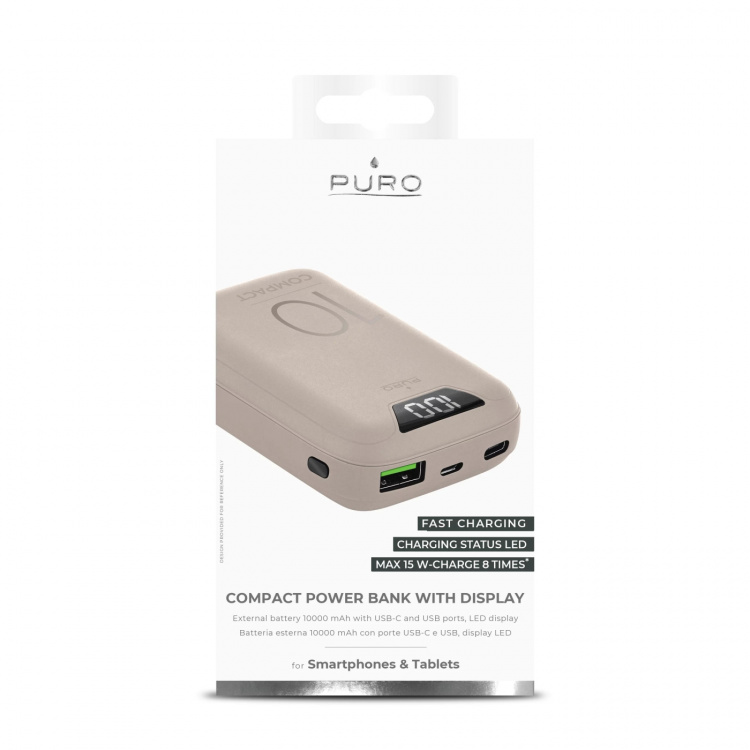 Puro Power Bank 10 000 mAh Display USB-A+USB-C 15W, Rosa