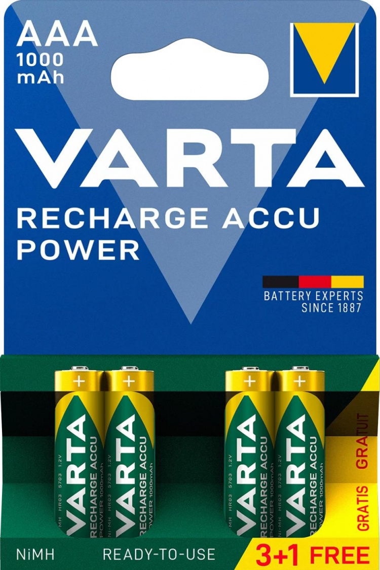 Varta Recharge Charge Accu Power AAA 1000mAh 4-pakning (3+1)