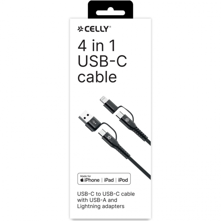 Celly 4-i-1-kabel USB-C/USB-A til USB-C/Lightning Max 60W 2 m svart Celly 4-i-1-kabel USB-C/USB-A til USB-C/Lightning Max 60W 2 m svart