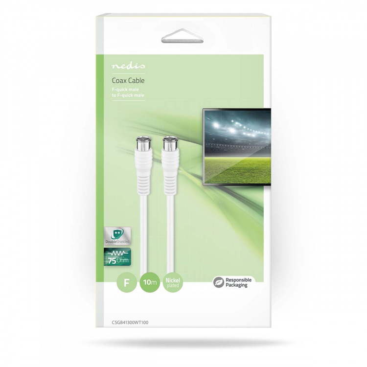 Nedis Satellite & Antennekabel | F Han Quick | F Han Quick | Nikkel belagt | 75 Ohm | Dobbelt skjermet | 10.0 m | Rund | PVC | Hvit | Boks Nedis Satellite & Antennekabel | F Han Quick | F Han Quick | Nikkel belagt | 75 Ohm | Dobbelt skjermet | 10.0 m | Rund | PVC | Hvit | Boks