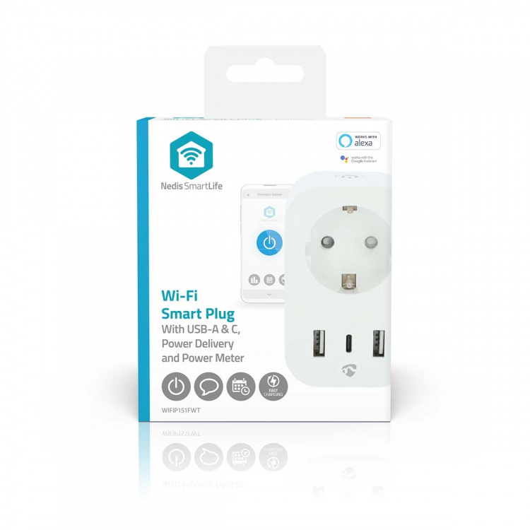 Nedis SmartLife Smart Plug | IP21 | Efektmåler | 3680 W | Type F (CEE 7/7) / 1x USB-C™ / 2x USB | 0 - 55 °C | Android™ / IOS | Hvit | 1 stk Nedis SmartLife Smart Plug | IP21 | Efektmåler | 3680 W | Type F (CEE 7/7) / 1x USB-C™ / 2x USB | 0 - 55 °C | Android™ / IOS | Hvit | 1 stk