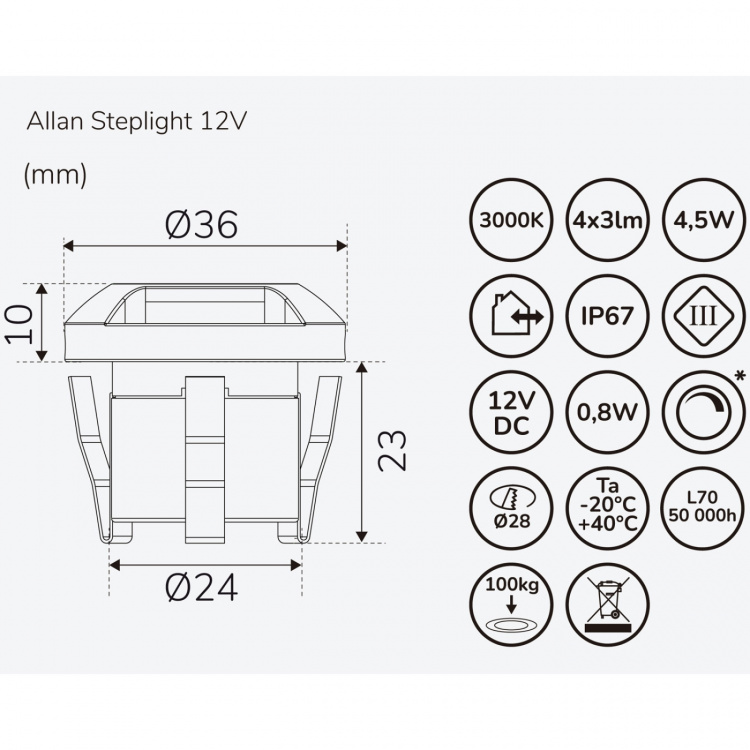 Llitt Allan Steplight-sett 4-pk inkl. strømadapter 12V 3000K 5lm IP67 Llitt Allan Steplight-sett 4-pk inkl. strømadapter 12V 3000K 5lm IP67