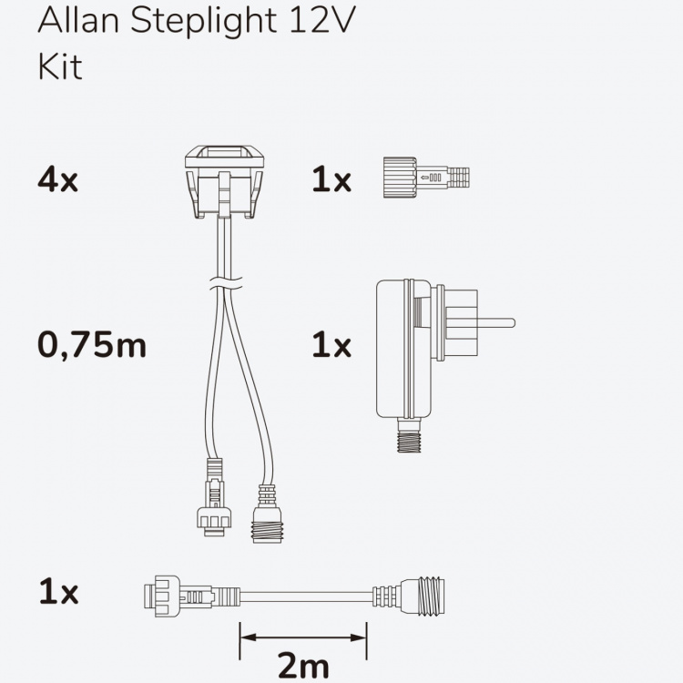 Llitt Allan Steplight-sett 4-pk inkl. strømadapter 12V 3000K 5lm IP67 Llitt Allan Steplight-sett 4-pk inkl. strømadapter 12V 3000K 5lm IP67