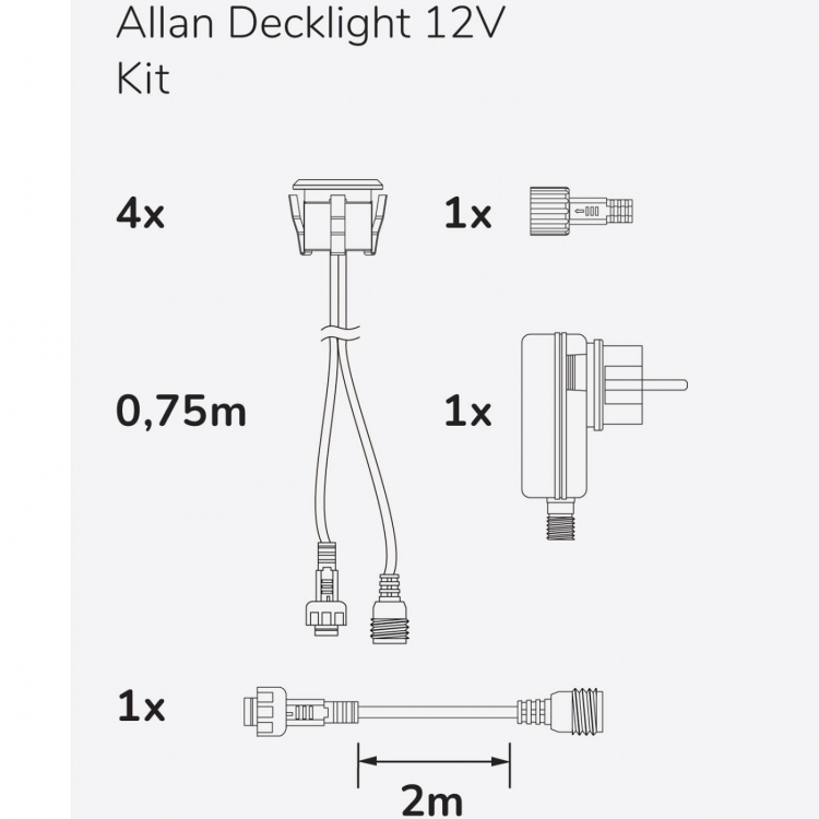 Llitt Allan Decklight-sett 4-pk inkl. strømadapter 12V 3000K 10lm IP67