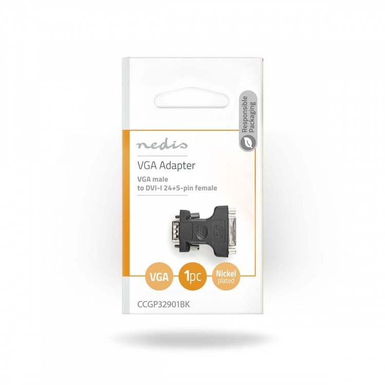Nedis VGA-adapter | VGA Han | DVI-I 24+5-Pins Hun | Nikkel belagt | Rett | ABS / Metall | Sort | Konvolutt Nedis VGA-adapter | VGA Han | DVI-I 24+5-Pins Hun | Nikkel belagt | Rett | ABS / Metall | Sort | Konvolutt