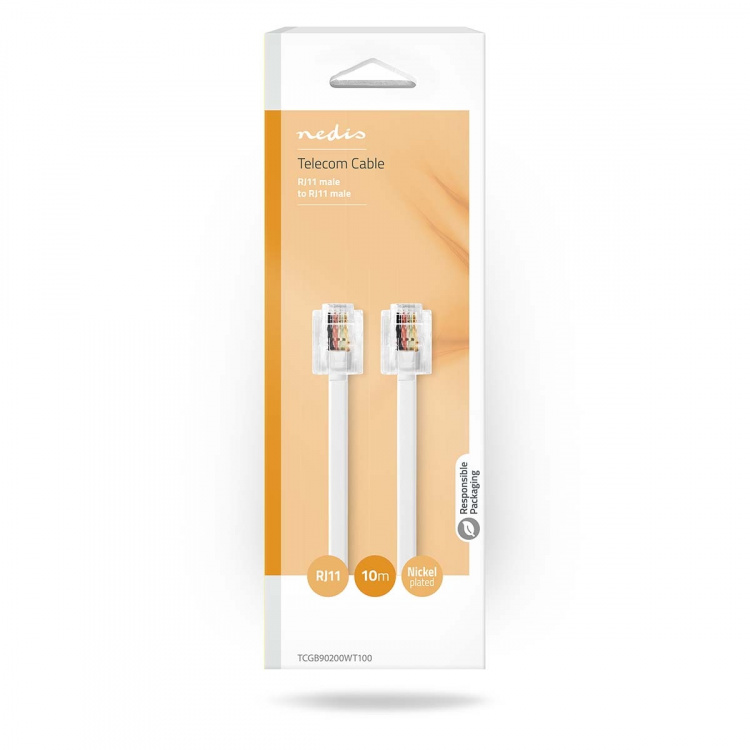 Nedis Telecom Cable | RJ11 Han | RJ11 Han | 10.0 m | Kabelutforming: Flatt | Gull belagt | Kabeltype: RJ11 | Hvit | Boks