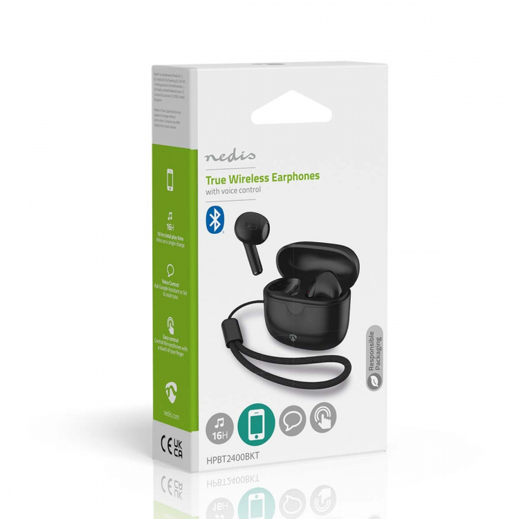 Nedis Fullt Trådløse hodetelefoner | Bluetooth® | Maksimal batteritid: 16 timer | Touch kontroll | Ladeboks | Trådløs ladeetui | Innebygd mikrofon | Stemmestyring | Sort Nedis Fullt Trådløse hodetelefoner | Bluetooth® | Maksimal batteritid: 16 timer | Touch kontroll | Ladeboks | Trådløs ladeetui | Innebygd mikrofon | Stemmestyring | Sort