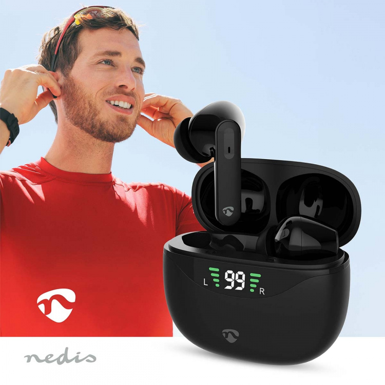 Nedis Fullt Trådløse hodetelefoner | ANC (Active Noise Cancelling) | Bluetooth® | Maksimal batteritid: 30 timer | Touch kontroll | Ladeboks | Trådløs ladeetui | Innebygd mikrofon | Stemmestyring | Sort Nedis Fullt Trådløse hodetelefoner | ANC (Active Noise Cancelling) | Bluetooth® | Maksimal batteritid: 30 timer | Touch kontroll | Ladeboks | Trådløs ladeetui | Innebygd mikrofon | Stemmestyring | Sort