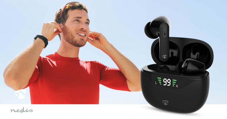 Nedis Fullt Trådløse hodetelefoner | ANC (Active Noise Cancelling) | Bluetooth® | Maksimal batteritid: 30 timer | Touch kontroll | Ladeboks | Trådløs ladeetui | Innebygd mikrofon | Stemmestyring | Sort Nedis Fullt Trådløse hodetelefoner | ANC (Active Noise Cancelling) | Bluetooth® | Maksimal batteritid: 30 timer | Touch kontroll | Ladeboks | Trådløs ladeetui | Innebygd mikrofon | Stemmestyring | Sort