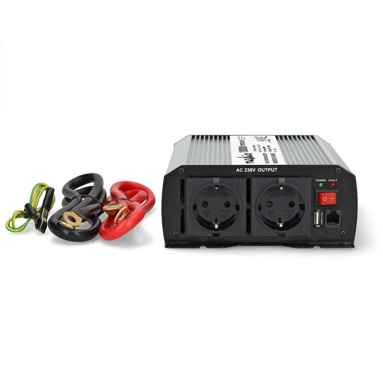 Nedis Power Inverter Modifisert sinusbølge | Inngangsspenning: 12 V DC | Enhetens strømuttak: Type F (CEE 7/3) / USB-A | 230 V AC 50 Hz | 1000 W | Topp effekt: 2000 W | Skru Terminal | Sølv
