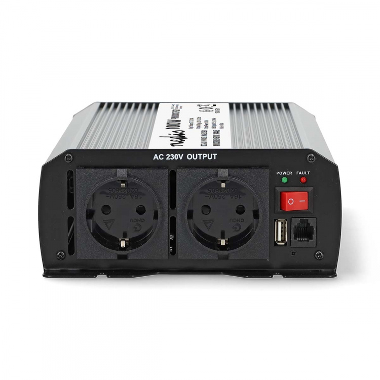 Nedis Power Inverter Modifisert sinusbølge | Inngangsspenning: 12 V DC | Enhetens strømuttak: Type F (CEE 7/3) / USB-A | 230 V AC 50 Hz | 1000 W | Topp effekt: 2000 W | Skru Terminal | Sølv