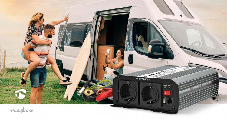 Nedis Power Inverter Modifisert sinusbølge | Inngangsspenning: 12 V DC | Enhetens strømuttak: Type F (CEE 7/3) / USB-A | 230 V AC 50 Hz | 1000 W | Topp effekt: 2000 W | Skru Terminal | Sølv