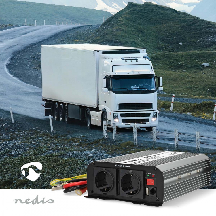 Nedis Power Inverter Modifisert sinusbølge | Inngangsspenning: 24 V DC | Enhetens strømuttak: Type F (CEE 7/3) / USB-A | 230 V AC 50 Hz | 1000 W | Topp effekt: 2000 W | Skru Terminal | Sølv