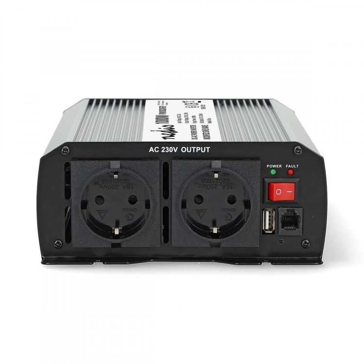Nedis Power Inverter Modifisert sinusbølge | Inngangsspenning: 24 V DC | Enhetens strømuttak: Type F (CEE 7/3) / USB-A | 230 V AC 50 Hz | 1000 W | Topp effekt: 2000 W | Skru Terminal | Sølv