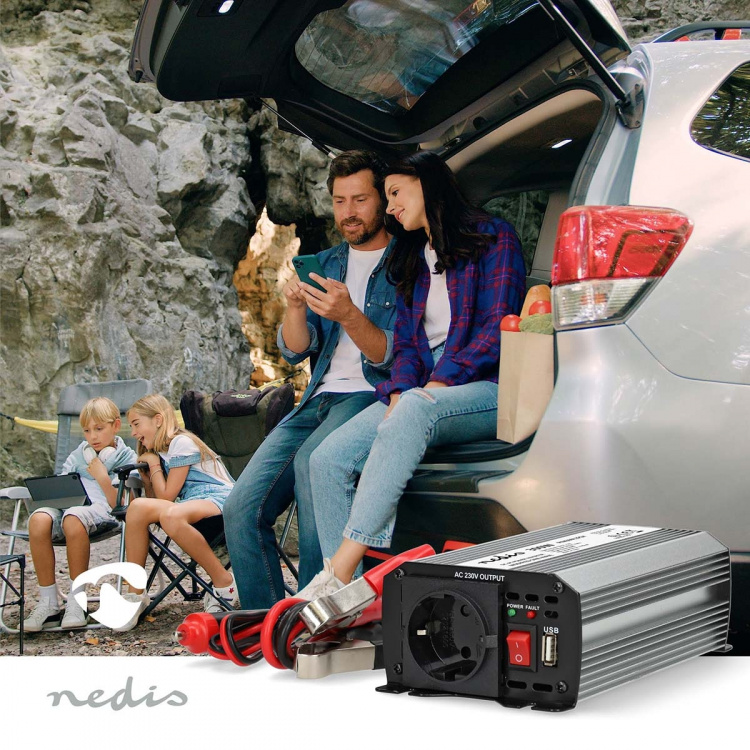 Nedis Power Inverter Modifisert sinusbølge | Inngangsspenning: 12 V DC | Enhetens strømuttak: Type F (CEE 7/3) / USB-A | 230 V AC 50 Hz | 300 W | Topp effekt: 600 W | Batteriklemmene + Sigarettenner | Sølv Nedis Power Inverter Modifisert sinusbølge | Inngangsspenning: 12 V DC | Enhetens strømuttak: Type F (CEE 7/3) / USB-A | 230 V AC 50 Hz | 300 W | Topp effekt: 600 W | Batteriklemmene + Sigarettenner | Sølv