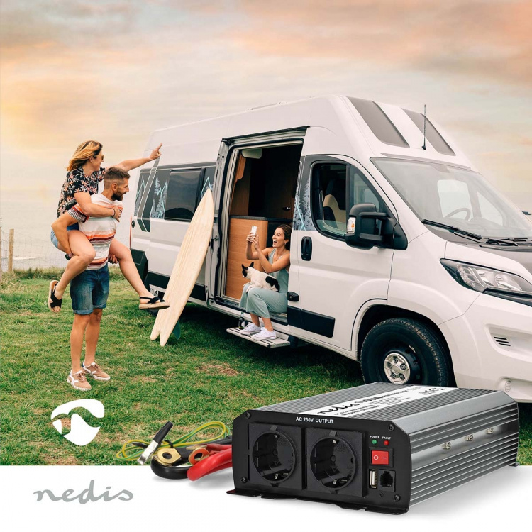Nedis Power Inverter Pure Sine Wave | Inngangsspenning: 12 V DC | Enhetens strømuttak: Type F (CEE 7/3) / USB-A / 1x USB-C™ | 230 V AC 50 Hz | 1000 W | Topp effekt: 2000 W | Skru Terminal | Pure Sine Wave | Sikring | Sort