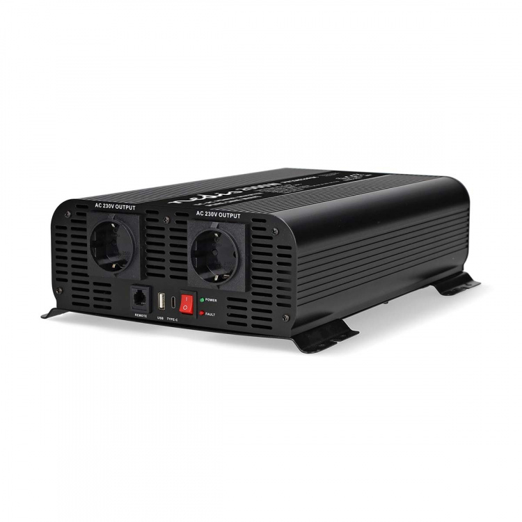 Nedis Power Inverter Pure Sine Wave | Inngangsspenning: 24 V DC | Enhetens strømuttak: Type F (CEE 7/3) / USB-A / 1x USB-C™ | 230 V AC 50 Hz | 2000 W | Topp effekt: 4000 W | Skru Terminal | Pure Sine Wave | Sikring | Sort