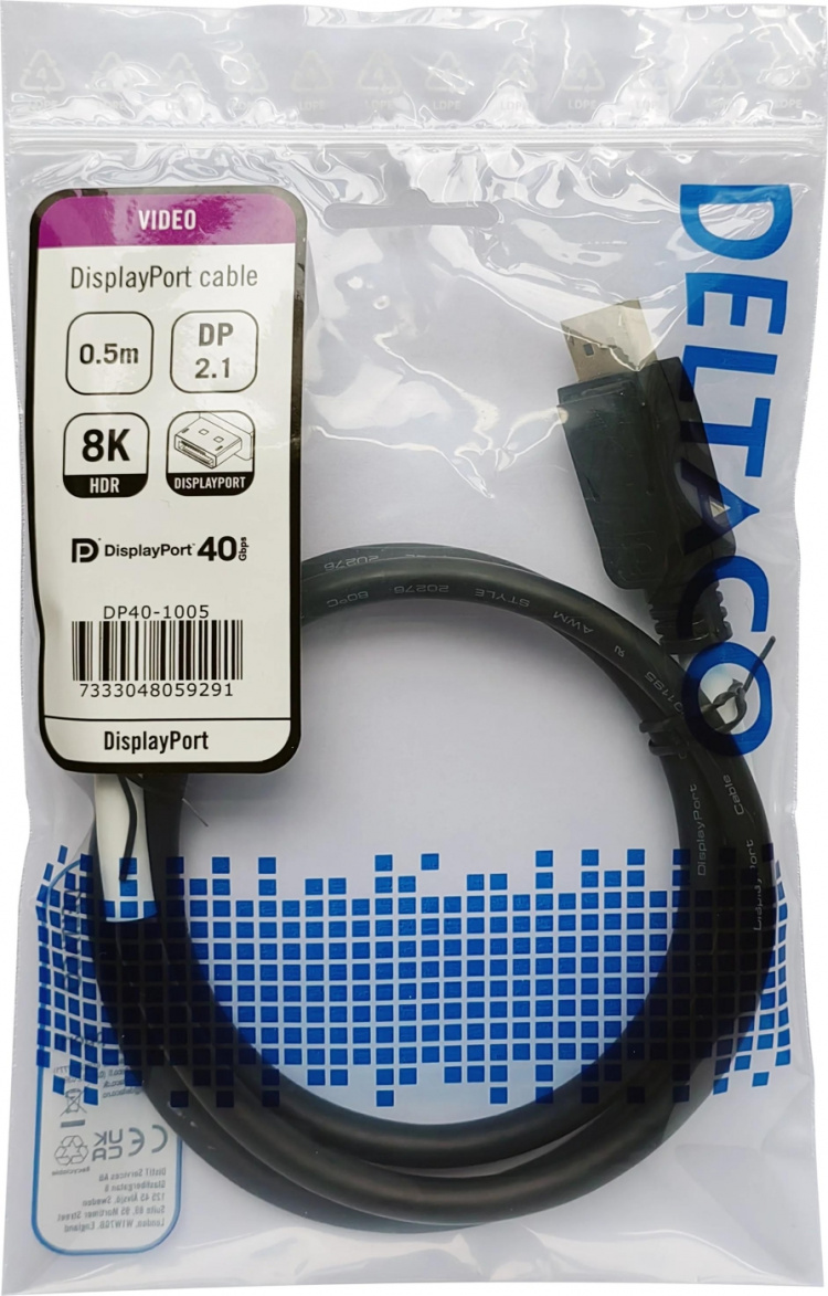 DELTACO DisplayPort-kabel, DP 2.1, DP40, 0,5 m