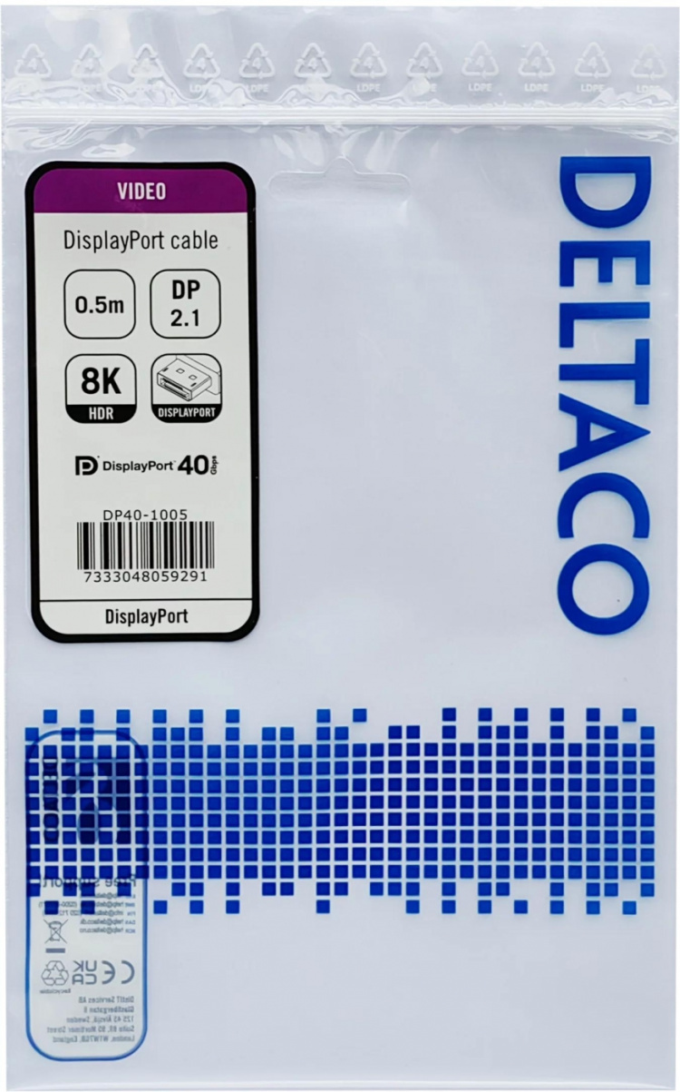 DELTACO DisplayPort-kabel, DP 2.1, DP40, 0,5 m