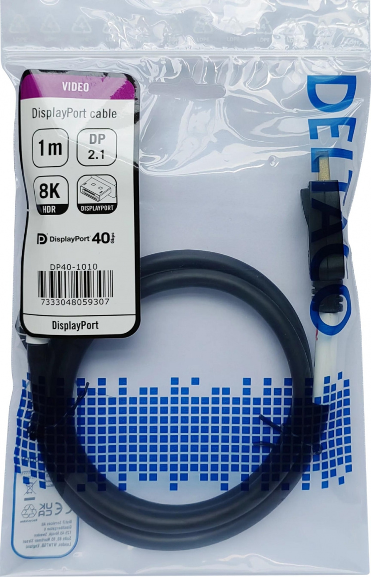 DELTACO DisplayPort-kabel, DP 2.1, DP40, 1,0 m