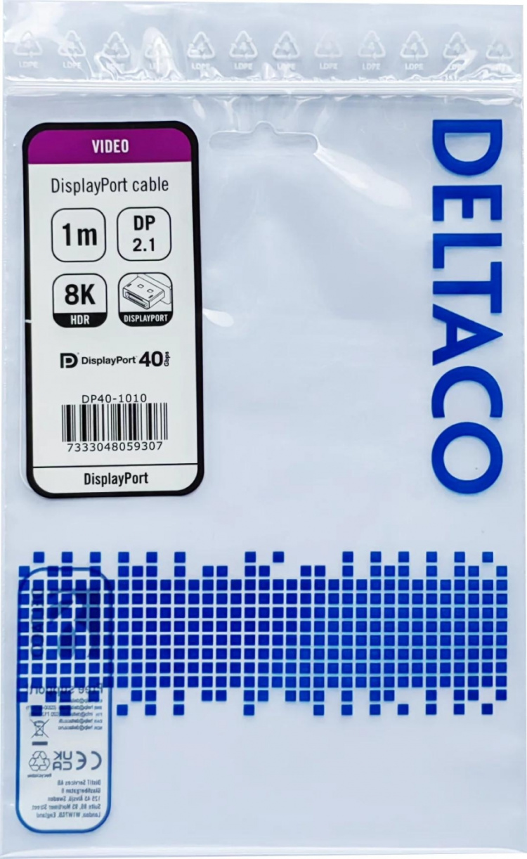 DELTACO DisplayPort-kabel, DP 2.1, DP40, 1,0 m
