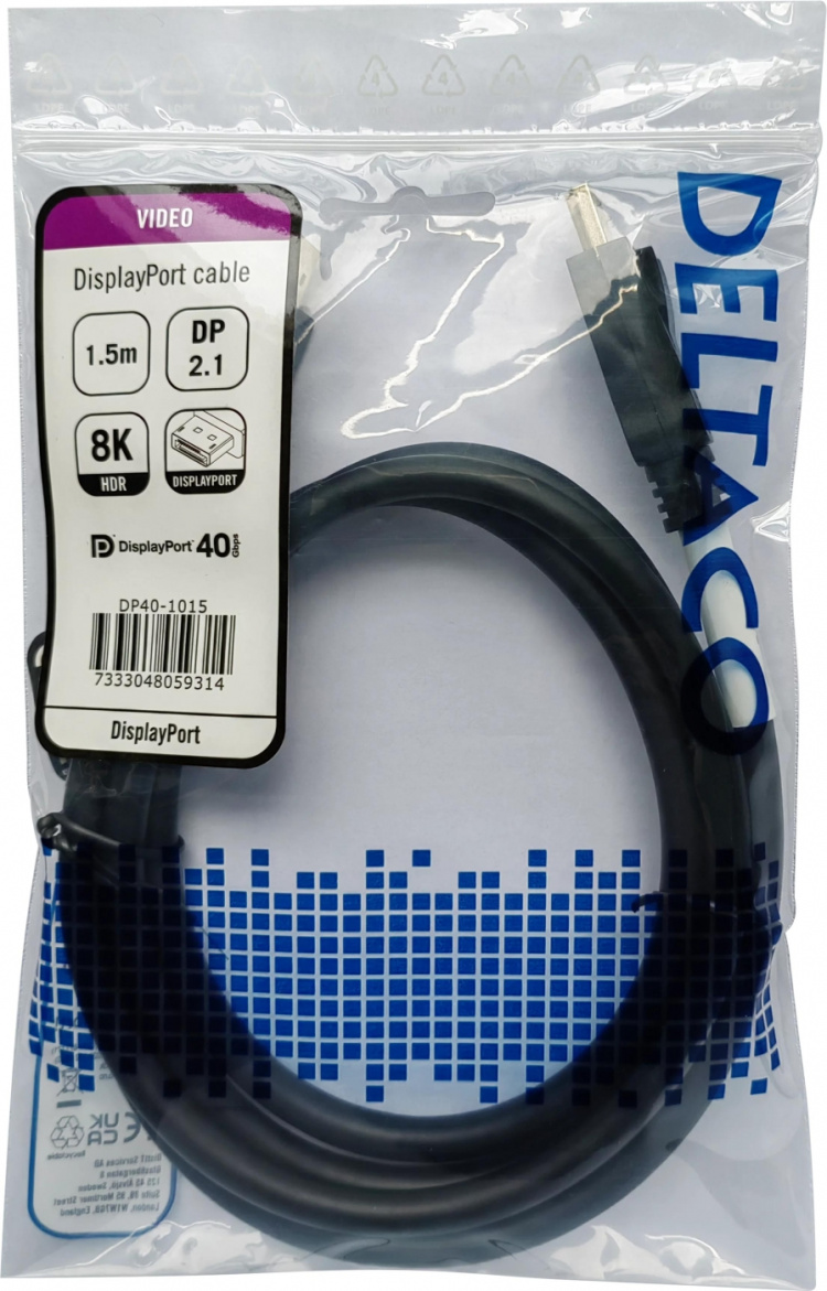 DELTACO DisplayPort-kabel, DP 2.1, DP40, 1,5 m