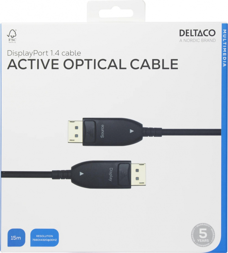 DELTACO Displayport 1.4-kabel, AOC, 8K@30 Hz, 15 m, svart