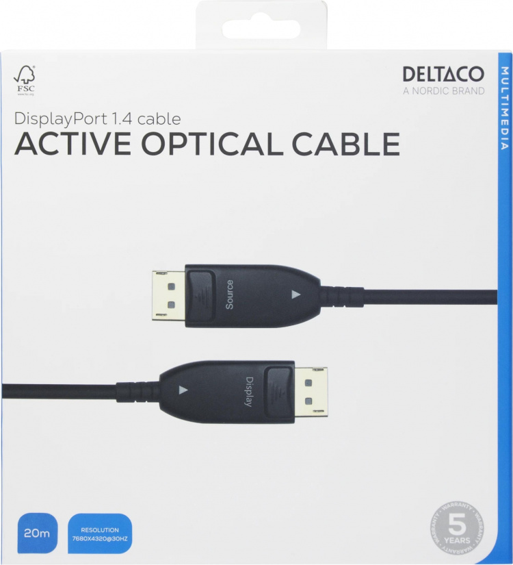 DELTACO Displayport 1.4-kabel, AOC, 8K@30 Hz, 20 m, svart