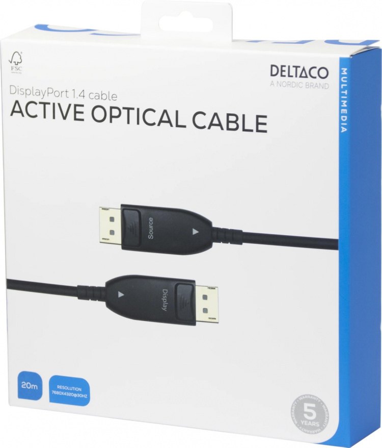DELTACO Displayport 1.4-kabel, AOC, 8K@30 Hz, 20 m, svart