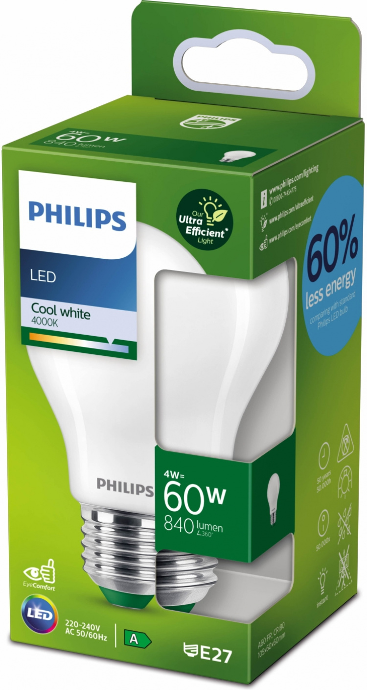 Philips Ultraeffektiv LED-lampe, E27, 4000K, 840 lm