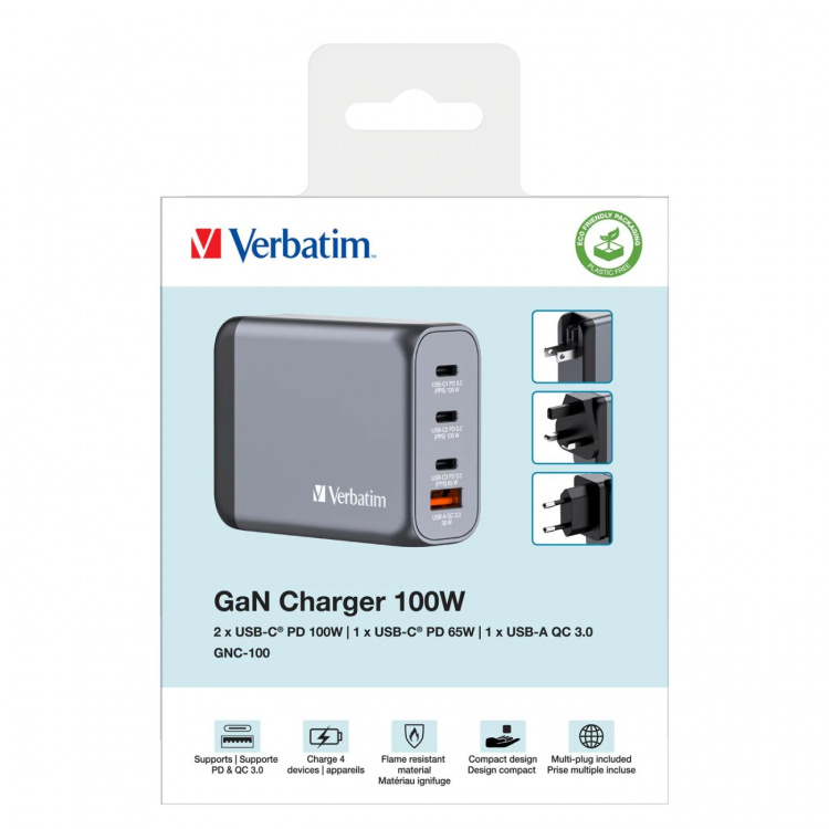Verbatim GNC-100 GaN Charger 100W with 1 x USB-C® PD 100W