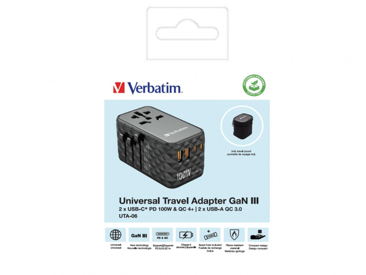 Verbatim UTA-06 GaN III Universal Travel Adapter with 2 x USB-C PD