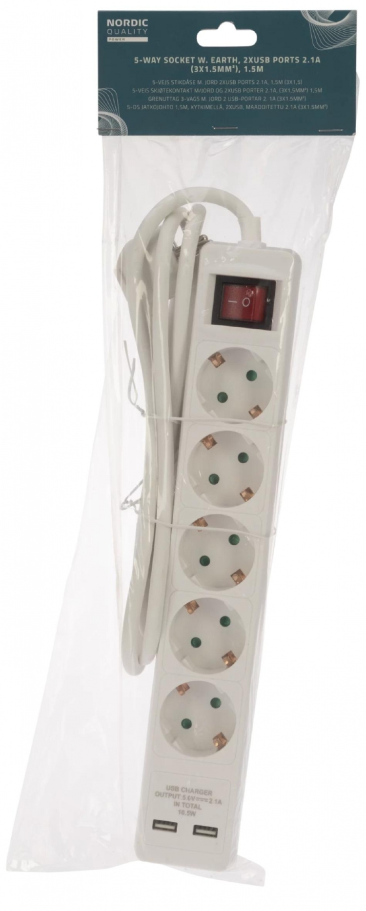 Nordic Quality 5-vägskontakt jordad, 2xUSB-A (3x1,5mm²), 1,5m
