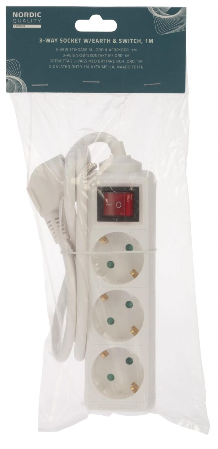 Nordic Quality Grenuttag 3-vägs med brytare och jord, 1m