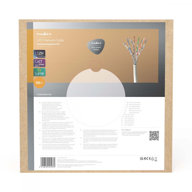 Nedis Nettverkskabelen Roll | CAT7 | Fast | S/FTP | Kobber | 50.0 m | Innendørs | Rund | LSZH | Grå | Trekkboks