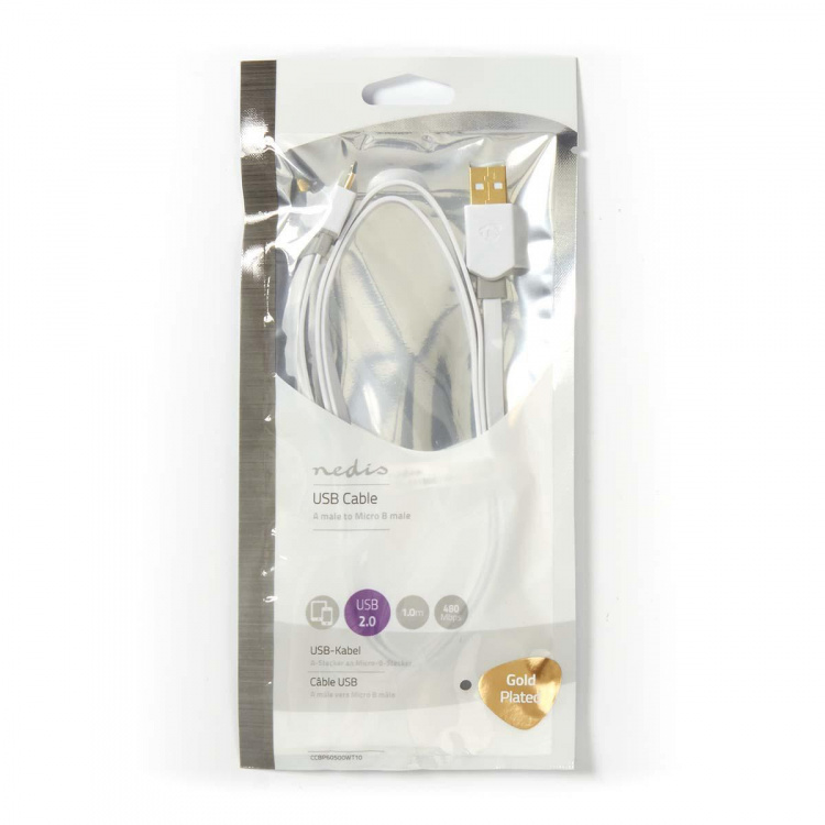 Nedis USB-kabel | USB 2.0 | USB-A Han | USB Micro-B Han | 480 Mbps | Gull belagt | 1.00 m | Flatt | PVC | Hvit | Plastpose