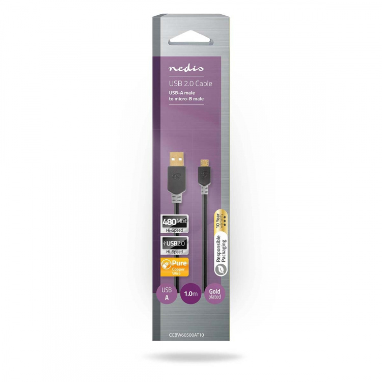 Nedis USB-kabel | USB 2.0 | USB-A Han | USB Micro-B Han | 480 Mbps | Gull belagt | 1.00 m | Rund | PVC | Antrasitt | Boks Nedis USB-kabel | USB 2.0 | USB-A Han | USB Micro-B Han | 480 Mbps | Gull belagt | 1.00 m | Rund | PVC | Antrasitt | Boks