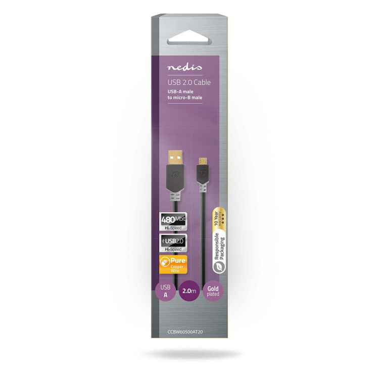 Nedis USB-kabel | USB 2.0 | USB-A Han | USB Micro-B Han | 480 Mbps | Gull belagt | 2.00 m | Rund | PVC | Antrasitt | Boks Nedis USB-kabel | USB 2.0 | USB-A Han | USB Micro-B Han | 480 Mbps | Gull belagt | 2.00 m | Rund | PVC | Antrasitt | Boks